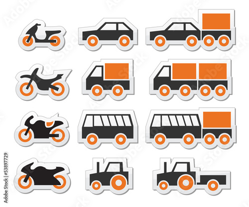 Orange transport and travel icons set