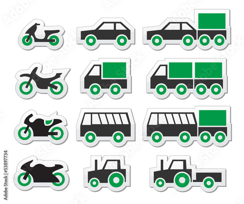 Green transport and travel icons set
