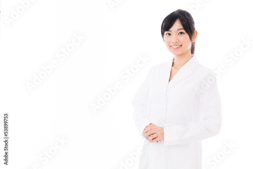 attractive asian doctor on white background