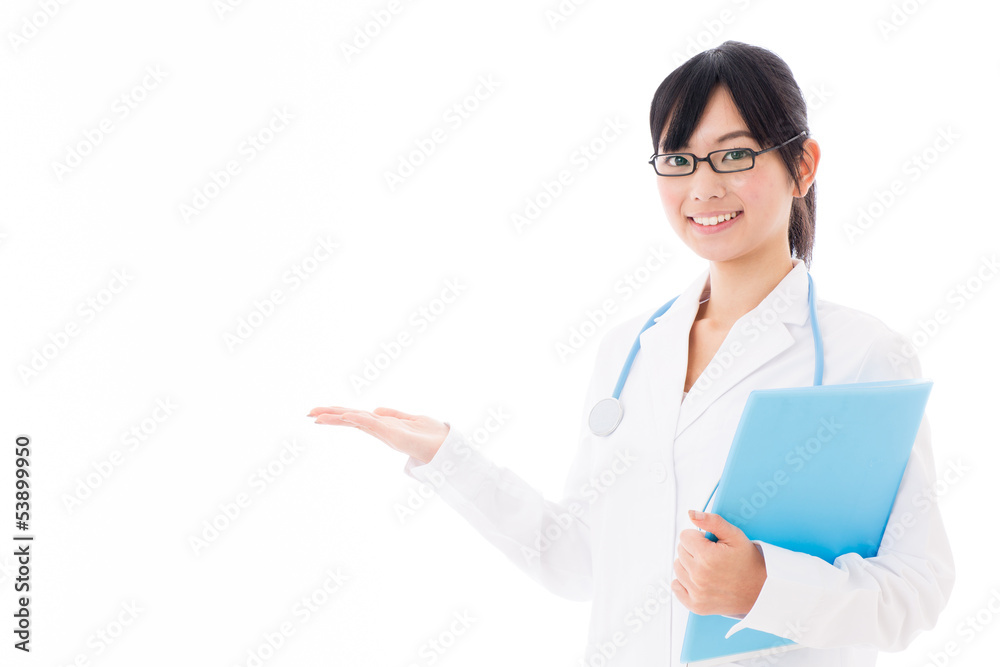 attractive asian doctor showing on white background attractive asian doctor showing on white background
