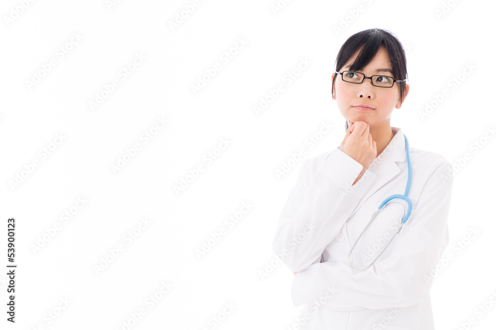 attractive asian doctor thinking on white background attractive asian doctor thinking on white background