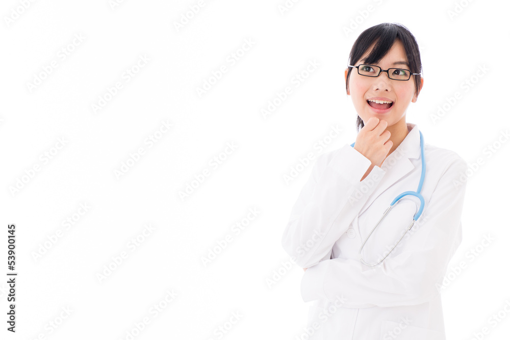 attractive asian doctor thinking on white background attractive asian doctor thinking on white background