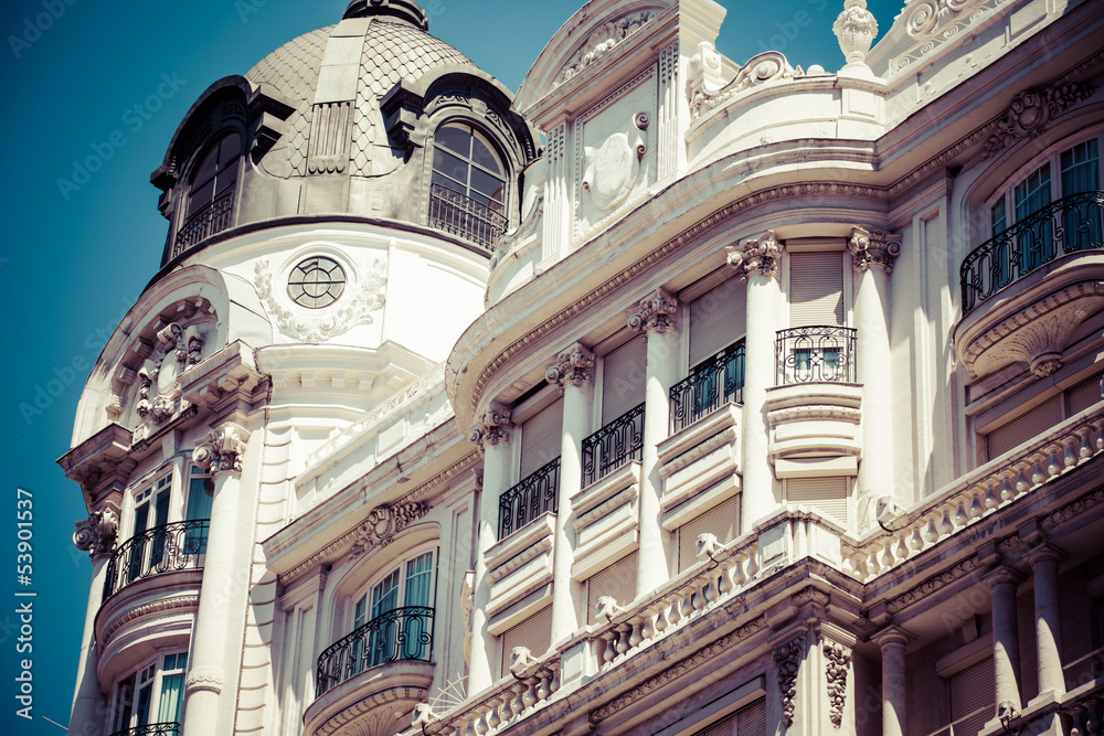 Old ornamental building at Gran Via in Madrid, Spain Old ornamental building at Gran Via in Madrid, Spain