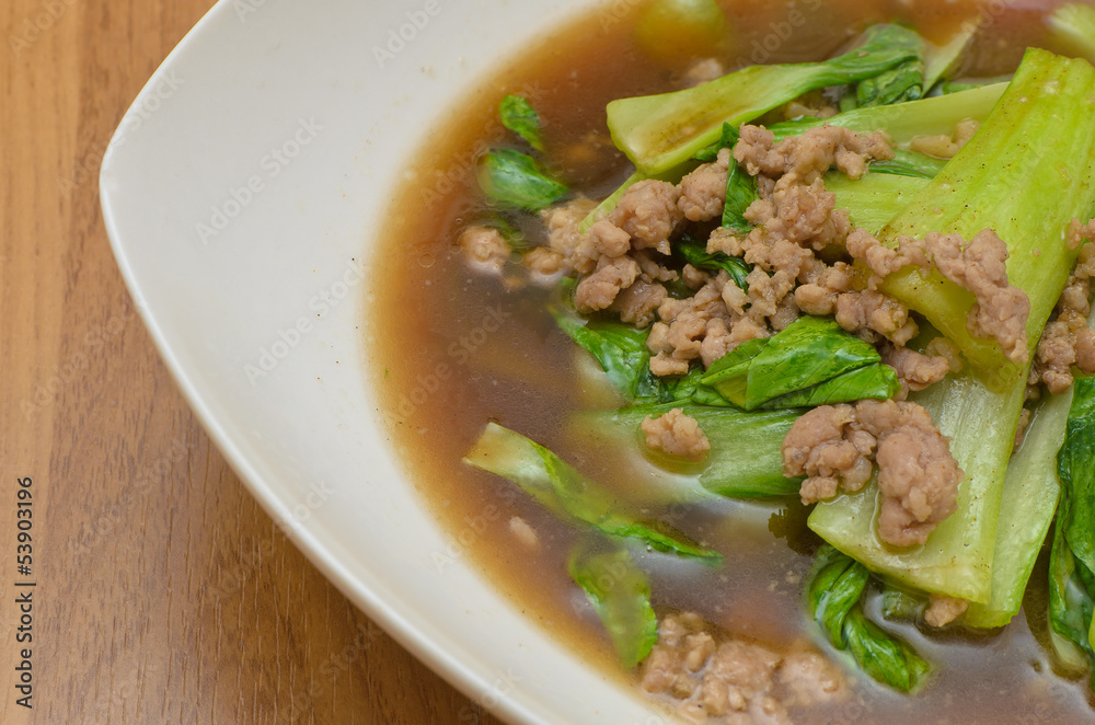 Fried chinese cabbage with mince pork in oyster sauce Fried chinese cabbage with mince pork in oyster sauce