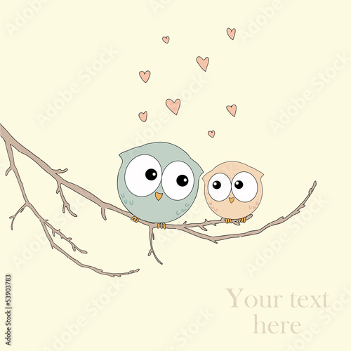 Greeting card with cute owls in love photo