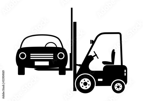 Forklift truck with car on white background