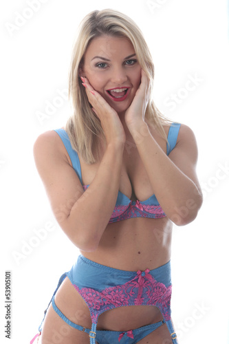 Attractive Shocked Young Woman Wearing Sexy Lingerie