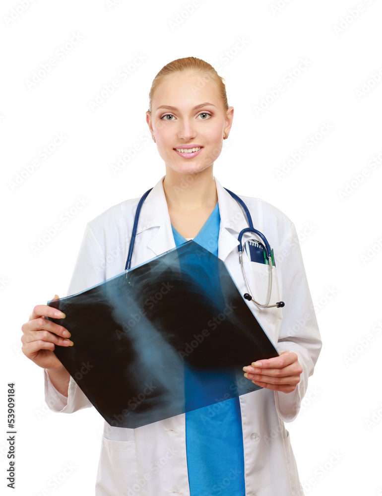 Female doctor examining x-ray, isolated on white background Female doctor examining x-ray, isolated on white background