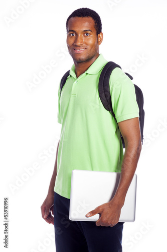 Happy college student holding laptop, isolated on white backgrou