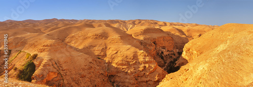 Judean desert. Panoramic view towards the Monastery of Tempation