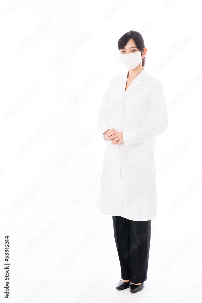 attractive asian doctor with mask on white background