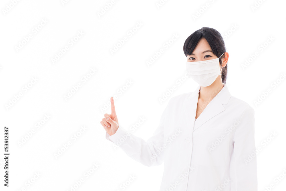 attractive asian doctor with mask on white background attractive asian doctor with mask on white background