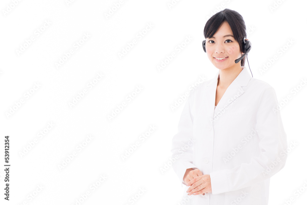 attractive asian doctor with headset on white background attractive asian doctor with headset on white background