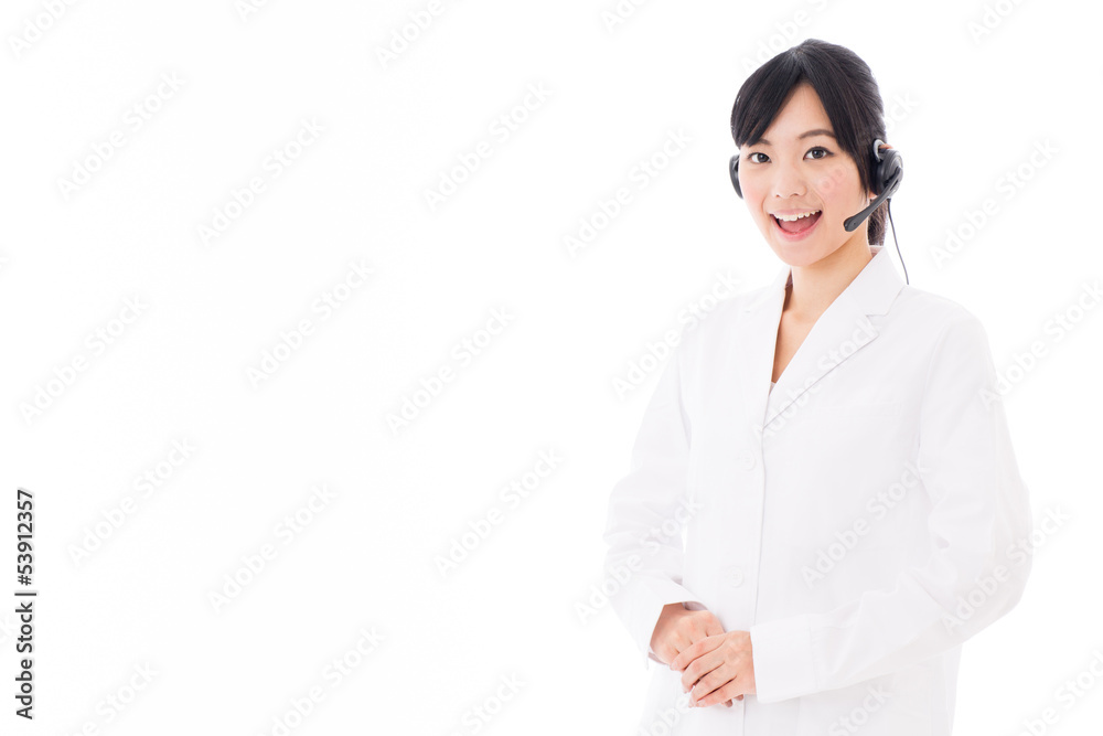 attractive asian doctor with headset on white background attractive asian doctor with headset on white background