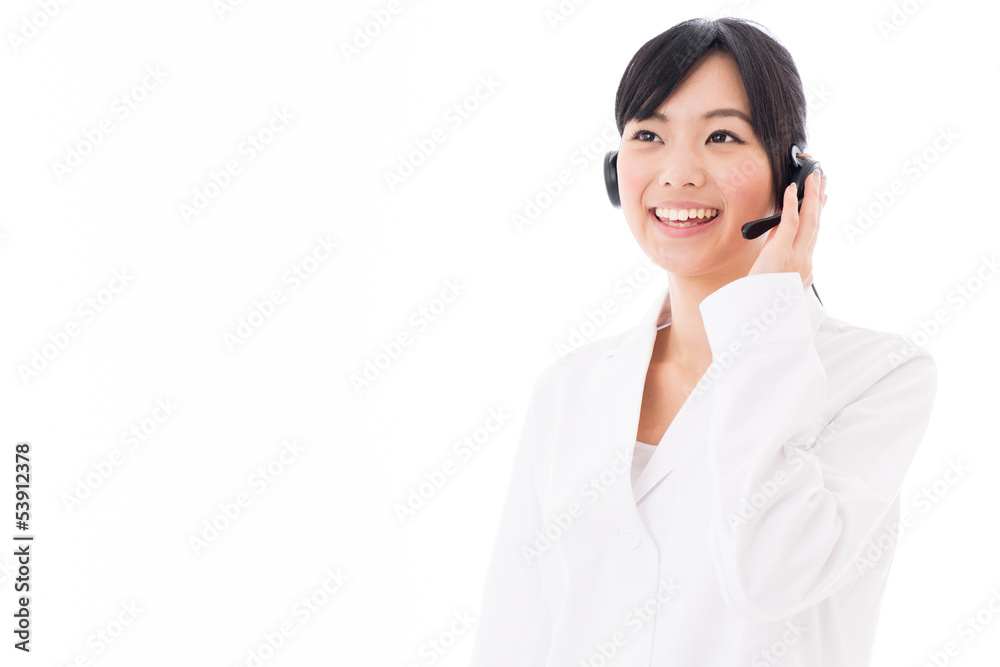 attractive asian doctor with headset on white background attractive asian doctor with headset on white background