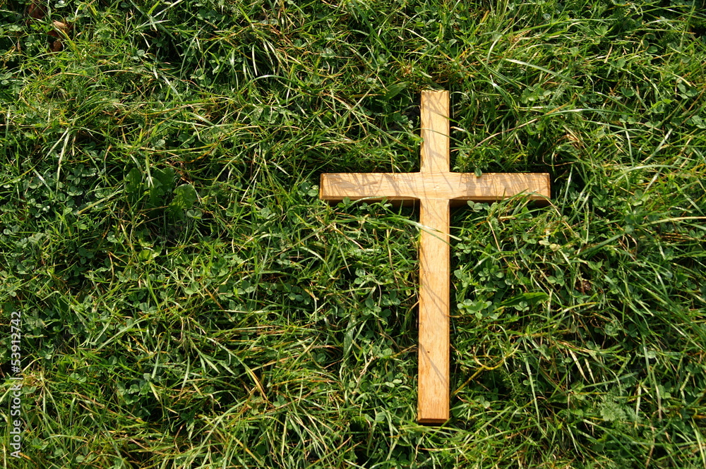 Wood cross in Fresh Grass