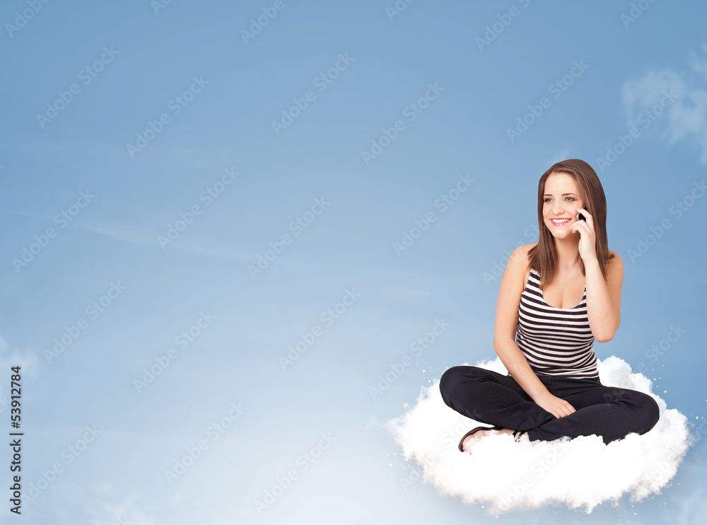 Young woman sitting on cloud with copy space Young woman sitting on cloud with copy space