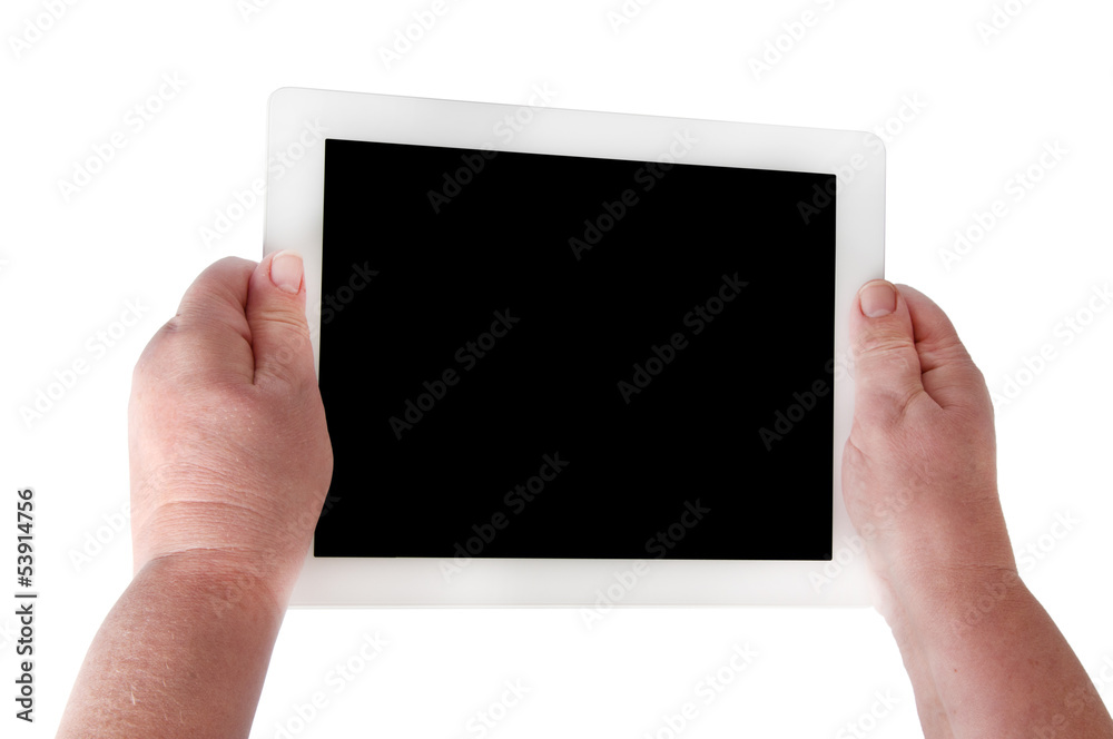 white tablet in his hands white tablet in his hands