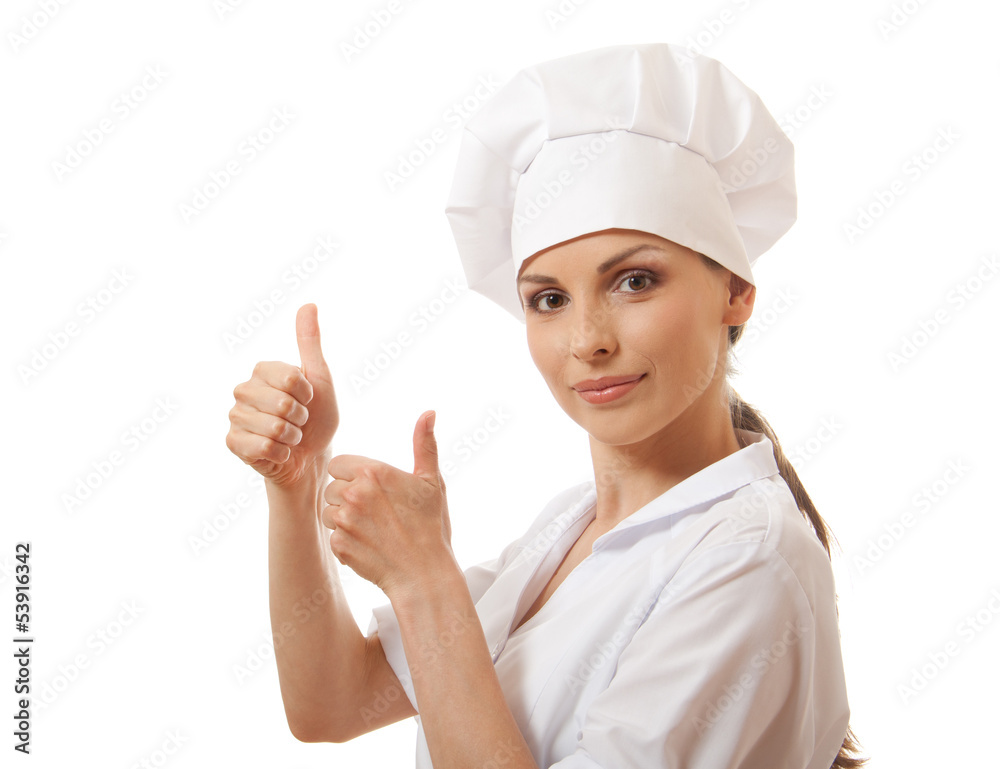 Chef woman, cook, happy thumbs up, isolated on white background Chef woman, cook, happy thumbs up, isolated on white background