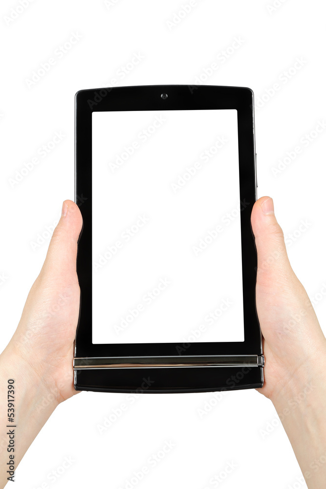 Hands holding touch screen tablet pc with blank screen Hands holding touch screen tablet pc with blank screen