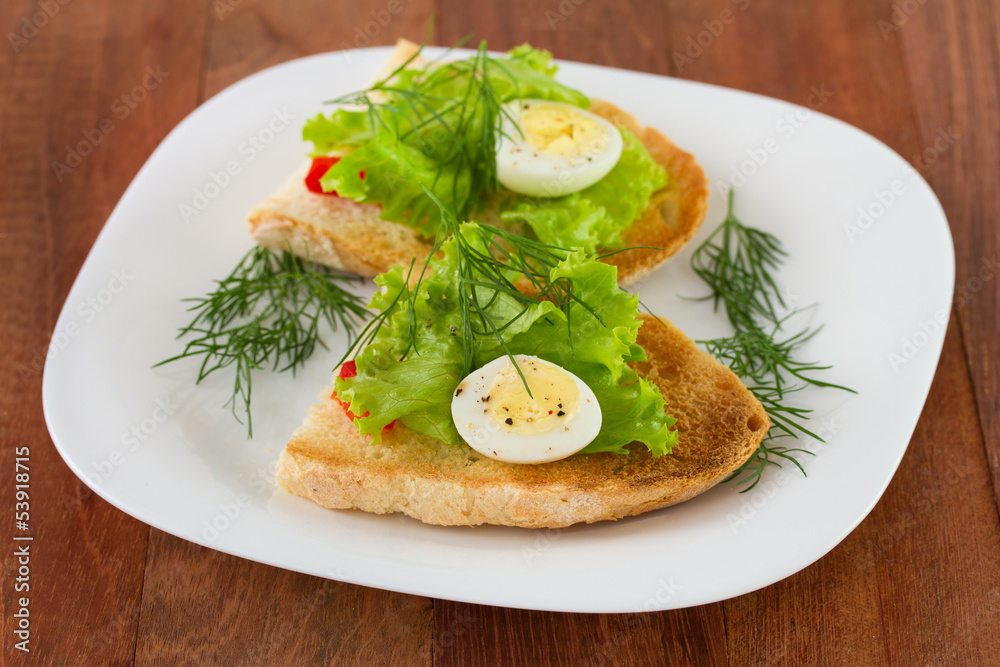 bread with eggs on the white plate