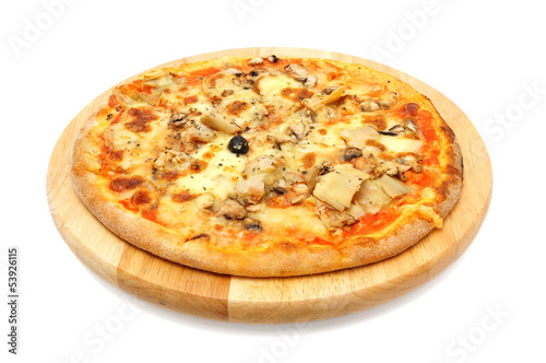 vegetarian pizza with artichoke on wooden plate