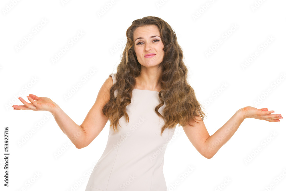 Clueless young woman shrugging shoulders Clueless young woman shrugging shoulders