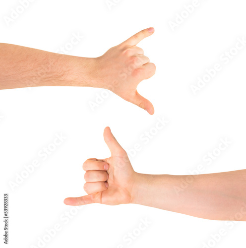 Fotografi Be on a call hand gesture isolated