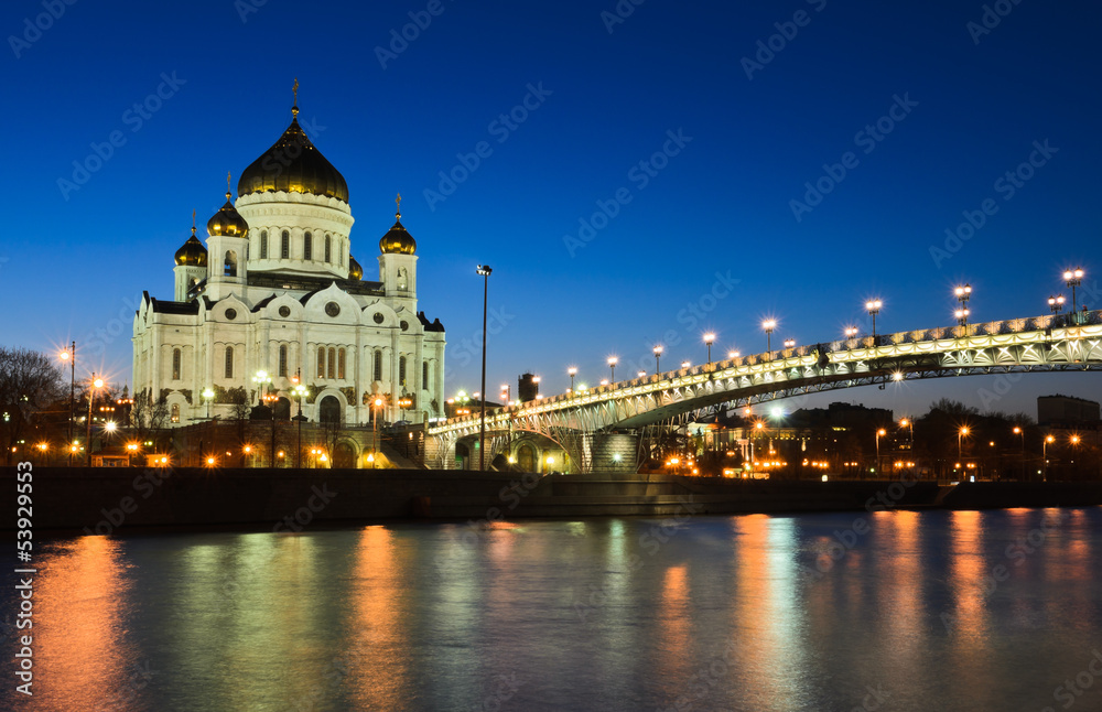 Cathedral of Christ the Savior illuminated at twilight, Russia