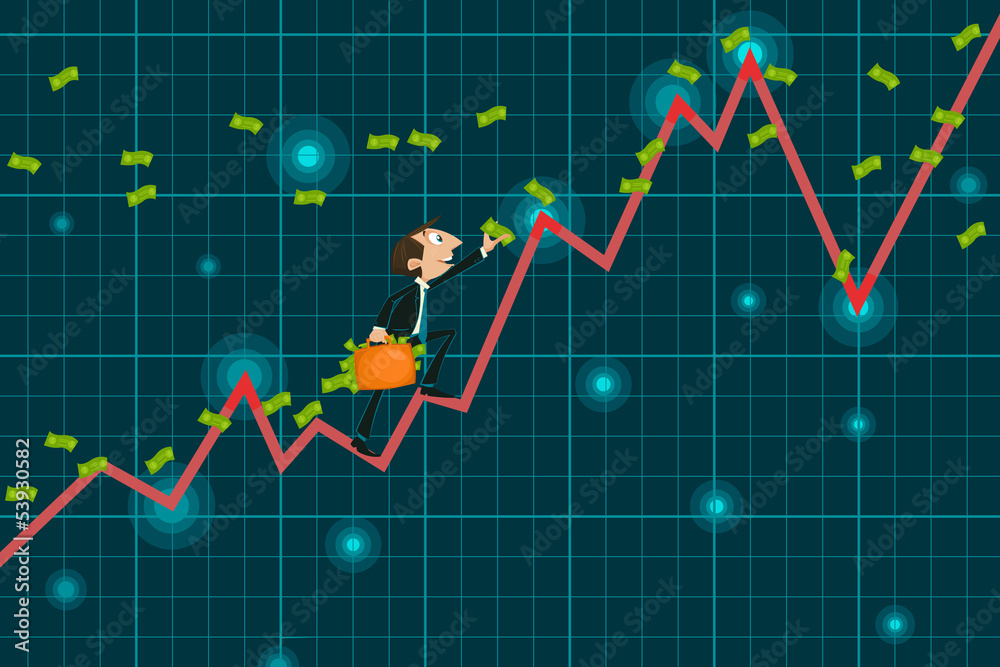 Businessman catching money climbing upward Graph