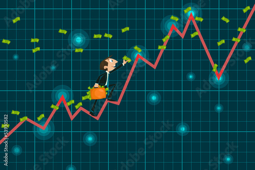 Businessman catching money climbing upward Graph