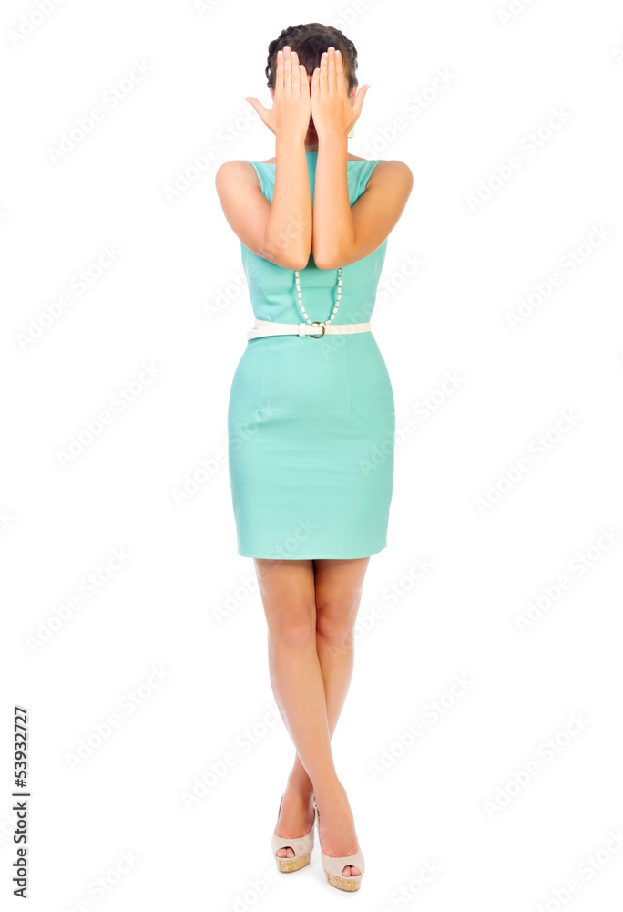 Fototapeta premium Glamorous girl in turquoise dress close eyes