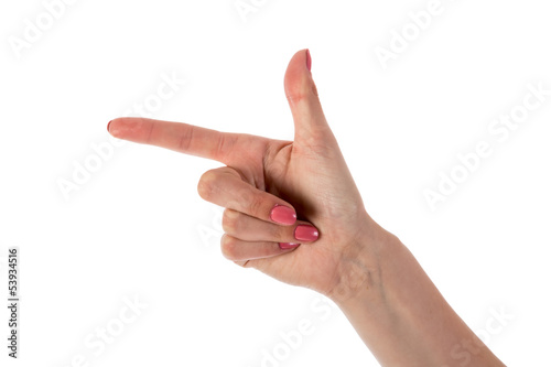 Female hand showing two fingers isolated on white background