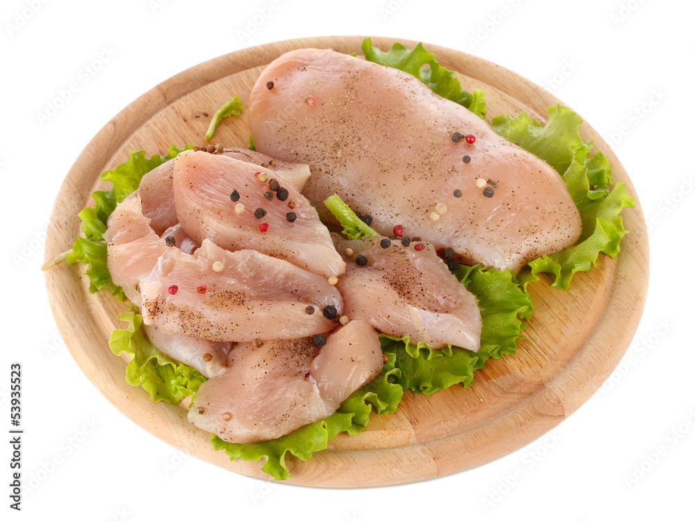 Chicken meat on board isolated on white Chicken meat on board isolated on white