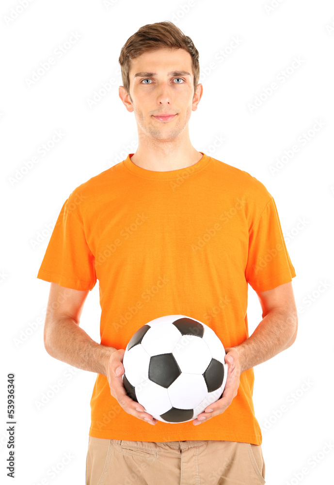 Young soccer player holding ball, isolated on white