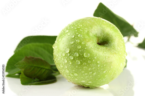 Juicy green apple with leaves, isolated on white