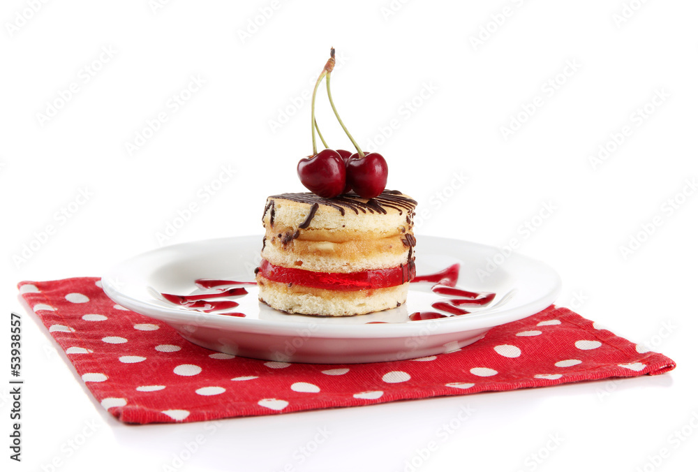 Tasty biscuit cake on plate isolated on white Tasty biscuit cake on plate isolated on white