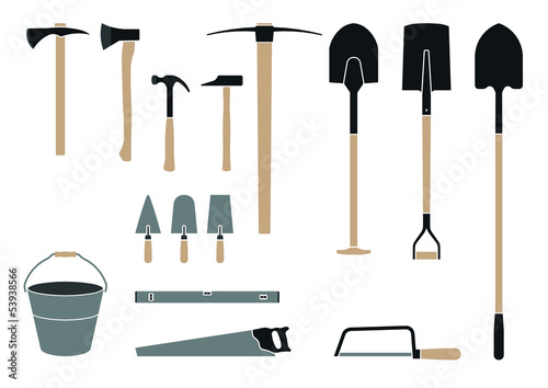tools for the construction site, shovel, hammer, saw