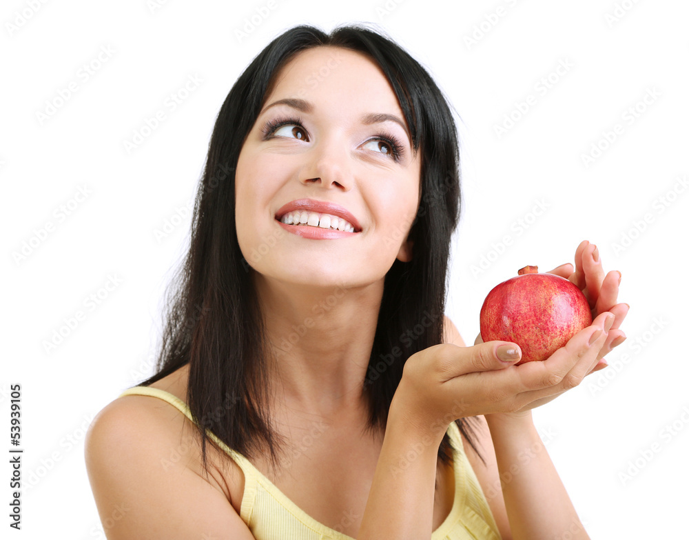 Girl with fresh pomegranate isolated on white Girl with fresh pomegranate isolated on white
