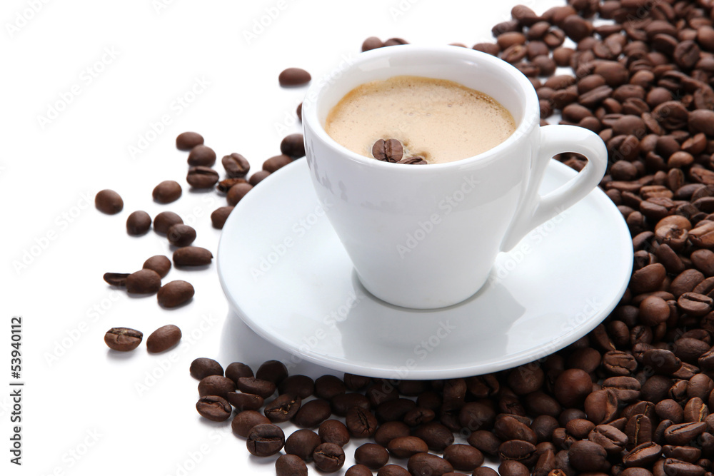 Cup of coffee with coffee beans, isolated on white Cup of coffee with coffee beans, isolated on white