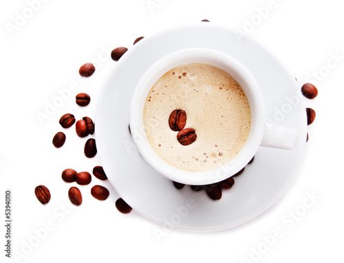 Cup of coffee with coffee beans  isolated on white