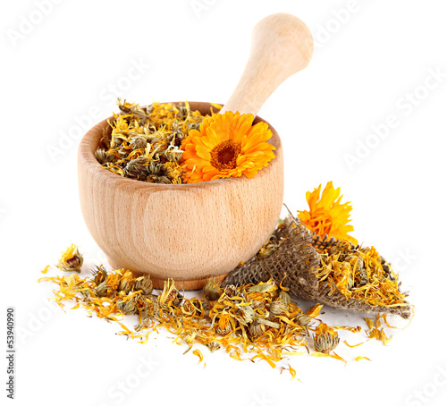 Fototapeta Naklejka Na Ścianę i Meble -  Fresh and dried calendula flowers in wooden mortar  isolated