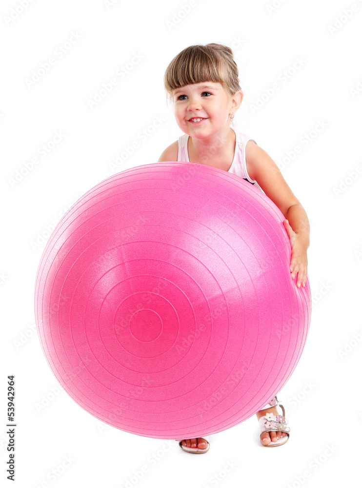 Little cute girl playing with big ball, isolated on white Little cute girl playing with big ball, isolated on white