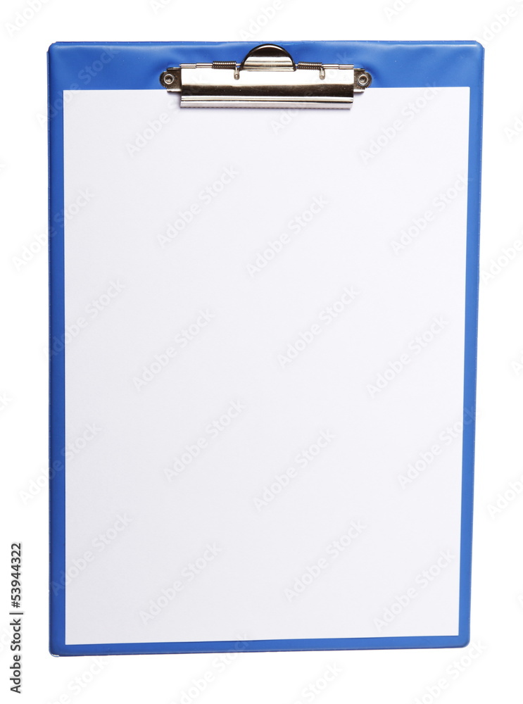 Blue clipboard with blank paper isolated on white Blue clipboard with blank paper isolated on white
