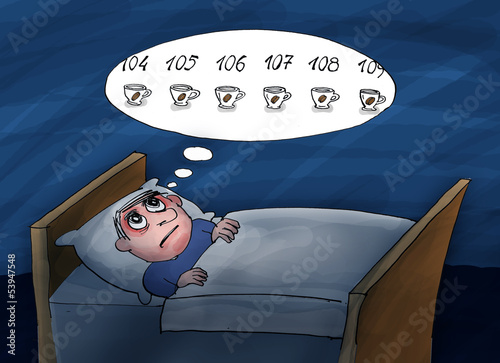 Insomnia. He counting cups of coffee.Too much coffee. Cartoon il