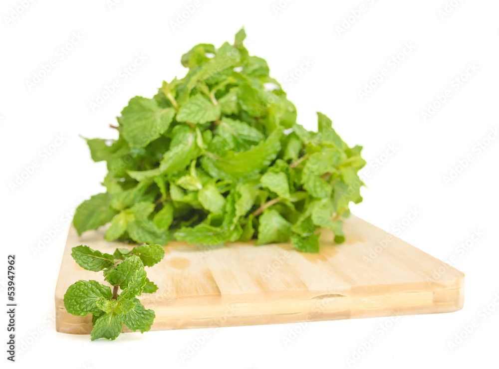 three fresh mint leaves isolated on white background. Studio mac three fresh mint leaves isolated on white background. Studio mac