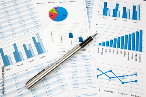 Financial paper charts and graphs