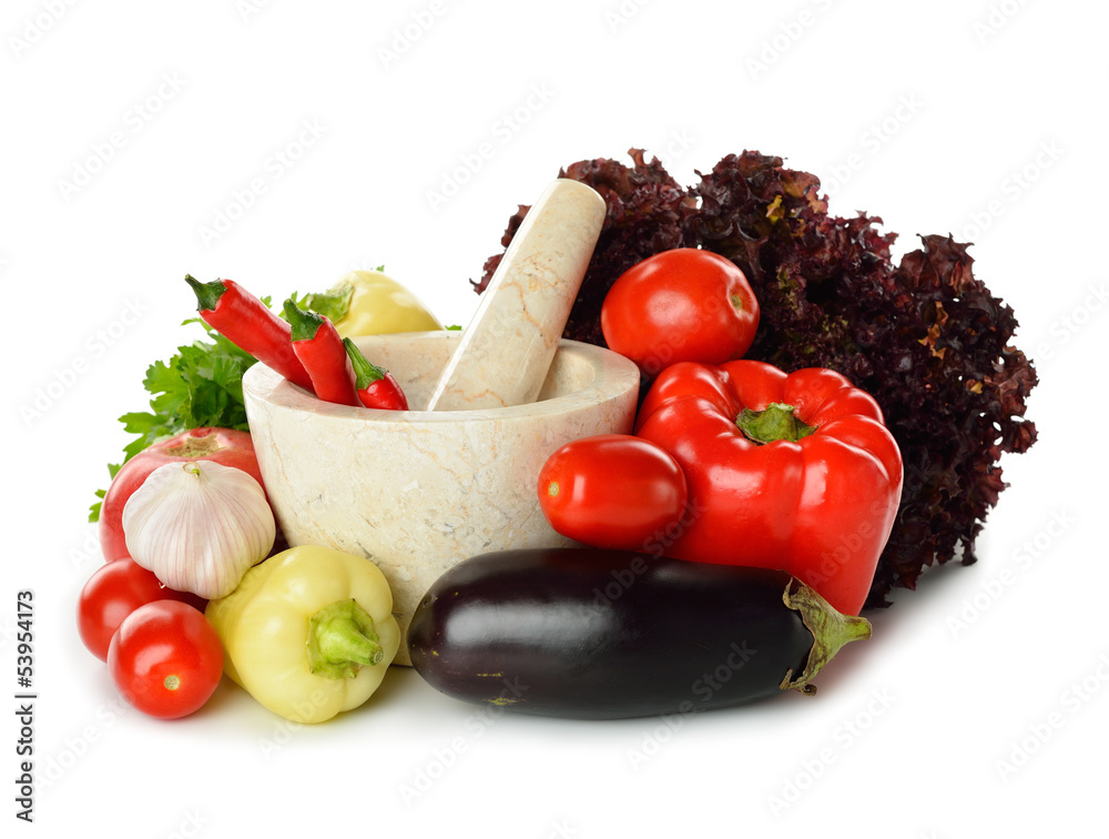 Stone mortar and vegetables Stone mortar and vegetables