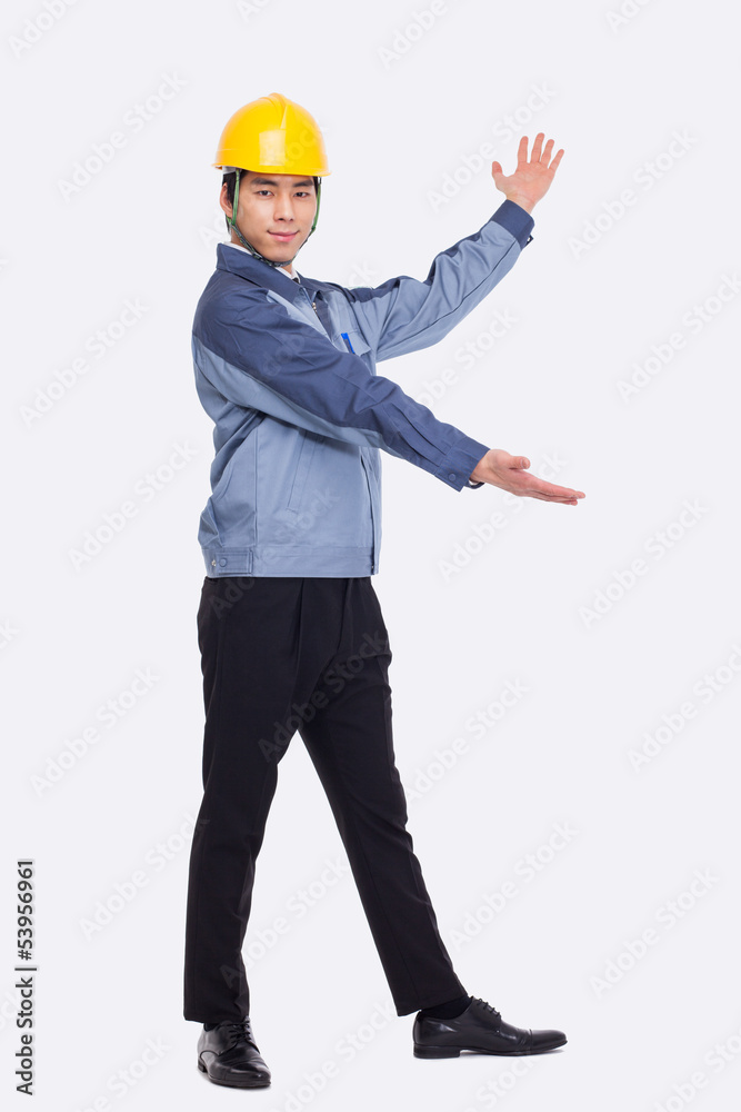 Young Asian engineer show something.