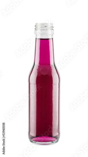 Purple energy drink in glass bottle isolated on white background